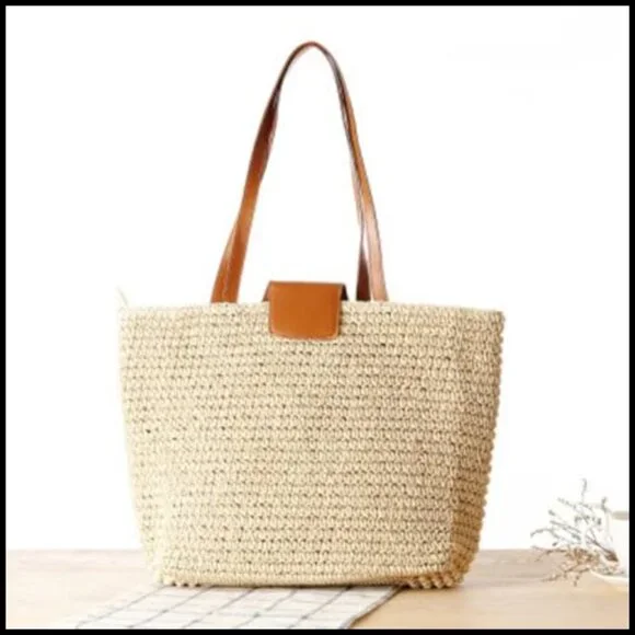 Hand-Woven Straw Tote Shoulder Bag Large Beach Purse Minimal Boho Vacation - Picture 3 of 7